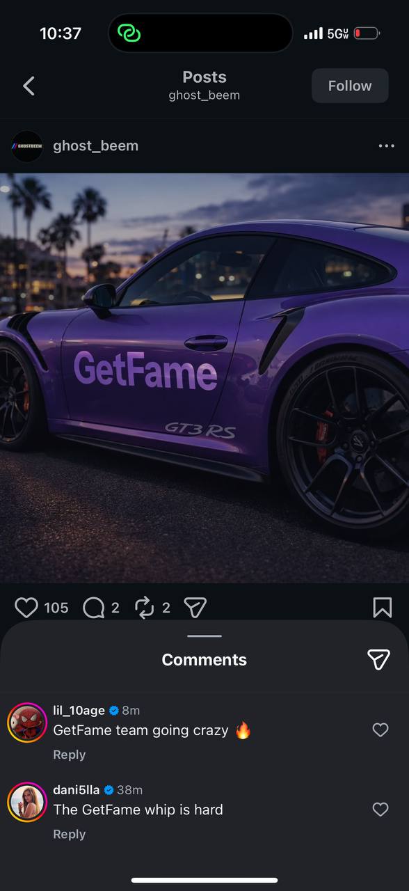 Verified comments from @lil_10age and @dani5lla on GetFame GT3 RS post